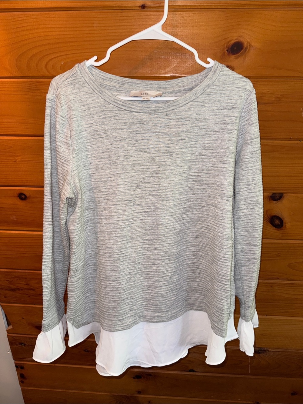 LOFT Gray Layered Hem Long Sleeve Top with White Trim